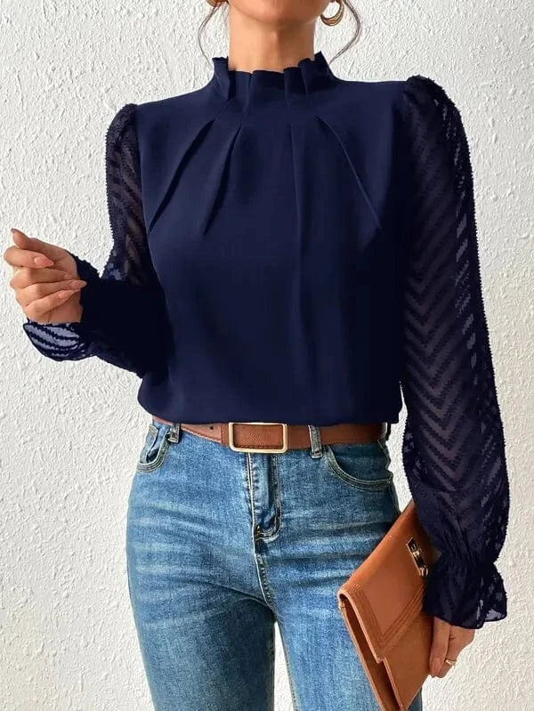 2 XL / NAVY 2023 Autumn Winter New Women's Half-high Neck Splicing Wavy Chiffon Long-sleeved Woman Blouse