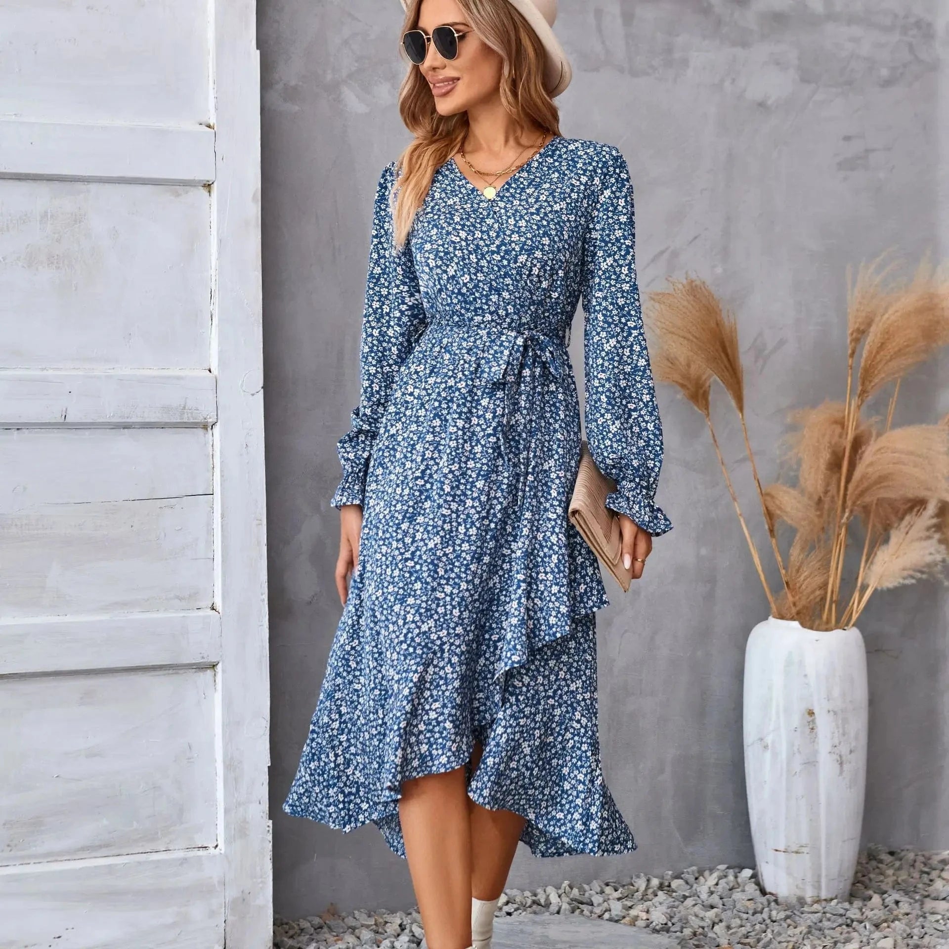 2 XL / Navy blue Autumn and Winter Printed V-neck Long-sleeved dress women's Commuting Temperament Lace-up Women's dress