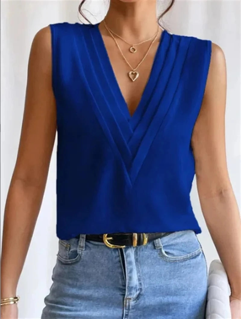 2 XL / NAVY Summer Casual Loose Women's Tank Tops Sleeveless V-neck Custom Vest Solid Color Pleated Vest For Women