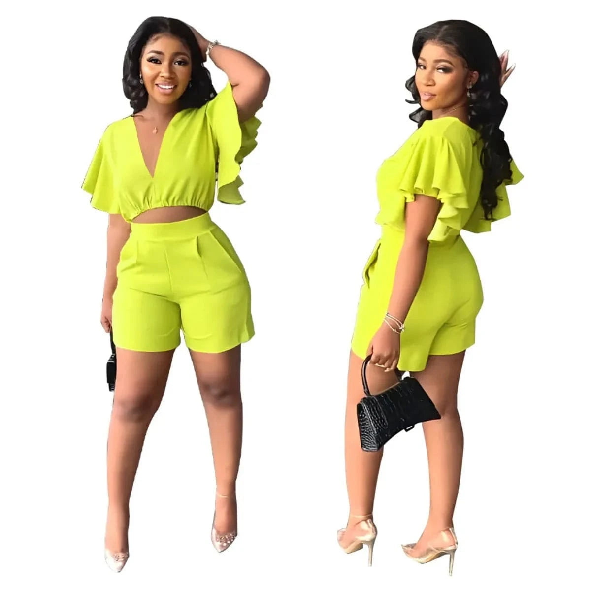 2 XL / Neon Yellow Summer Women's Sets Ruffled Sleeve V-neck Top + High Waist Pocketed Shorts Suit Lady Solid Casual Two Piece Set