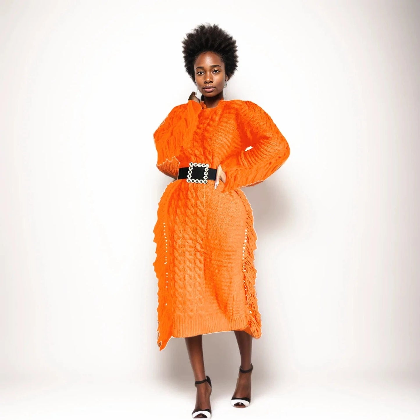 2 XL / Orange D1211TA04  New Trendy Solid Color Long Sleeve Hollow Out  Knitted Tassel Sweater Women Dress Sehe Fashion