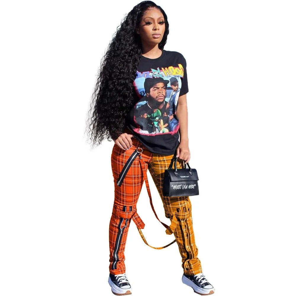 2 XL / Orange Designer Trendy Print Patchwork Plaid Women's Pants Trousers Hip Hop Y2K Casual Ladies Zipper Stylish Ladies Pants With Straps