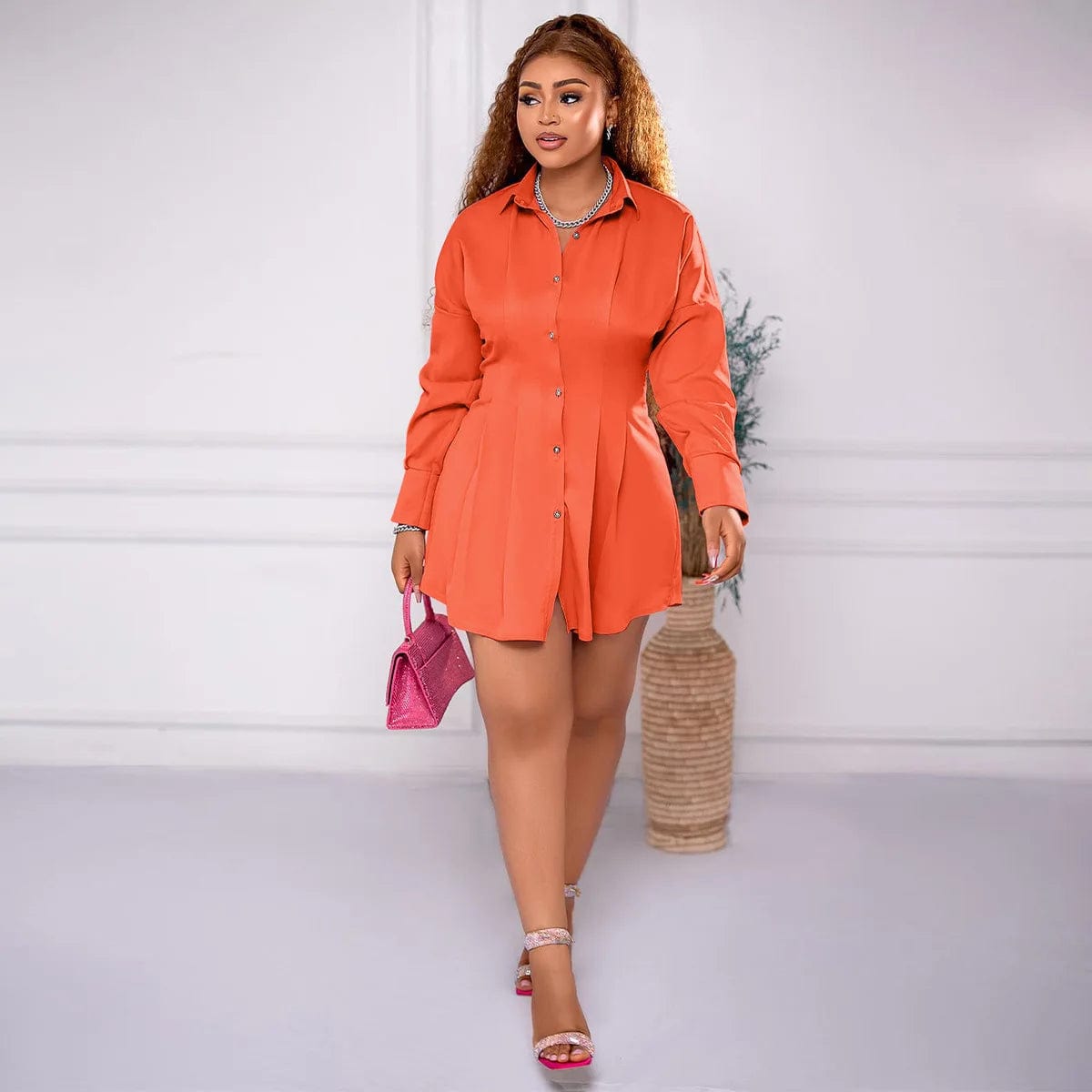 2 XL / Orange Fall 2023 New Sexy Women Dresses Casual Lantern Sleeve Tunic Waist Long Sleeved Above Knee Mini Modest Tshirt Dress
