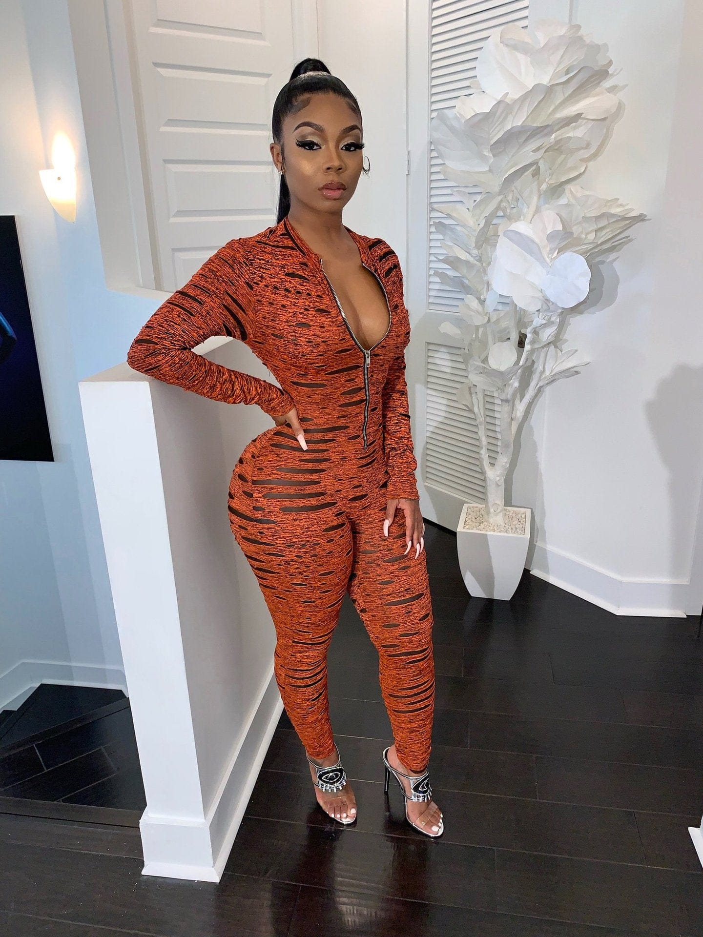 2 XL / Orange HYD613S Workout Active Wear Ribbed Rompers Women Fashion Skinny Biker Shorts Playsuit Embroidery long Sleeve Playsuits