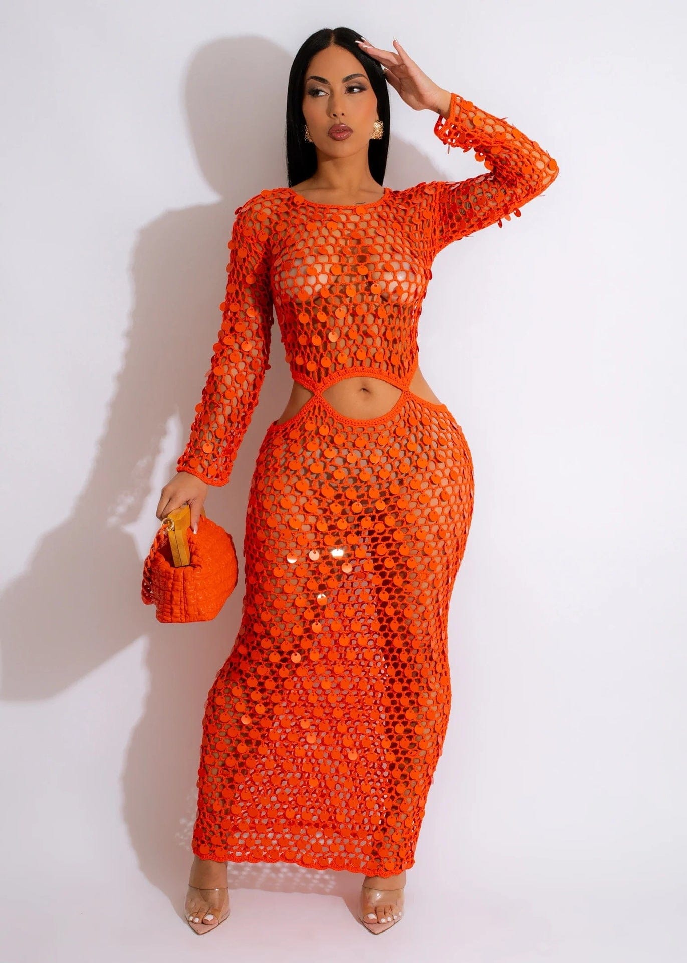 2 XL / Orange Sharee Wholesale High Quality 2023 Summer Sexy Beach Wear Hollow Hand Made Knit Dress Sequin Beach Dress