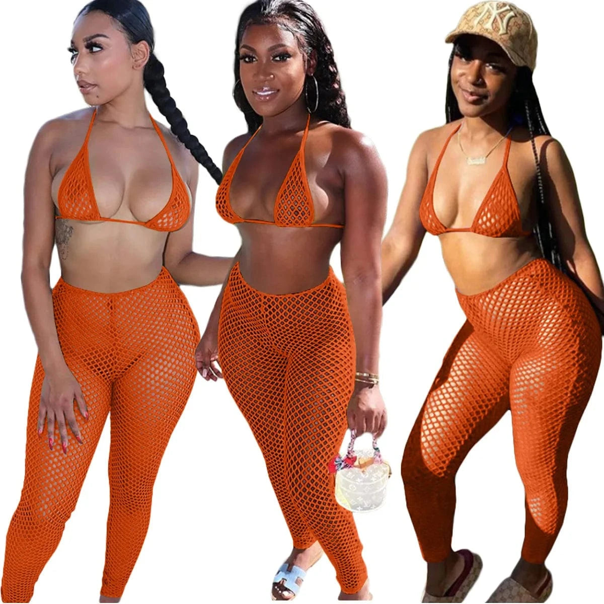 2 XL / Orange Summer Swimwear & Beachwear Mesh Sexy Beach Wear Ladies Bra Panties pants 3 Piece Set Women Bikinis Outfit With Briefs