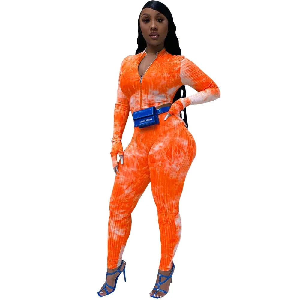 2 XL / Orange Two Piece Womens Suits Tie Dye Tracksuit Womens Jogging Set 2 Piece Tie dye Printing Pants Women Clothing Two Piece Set