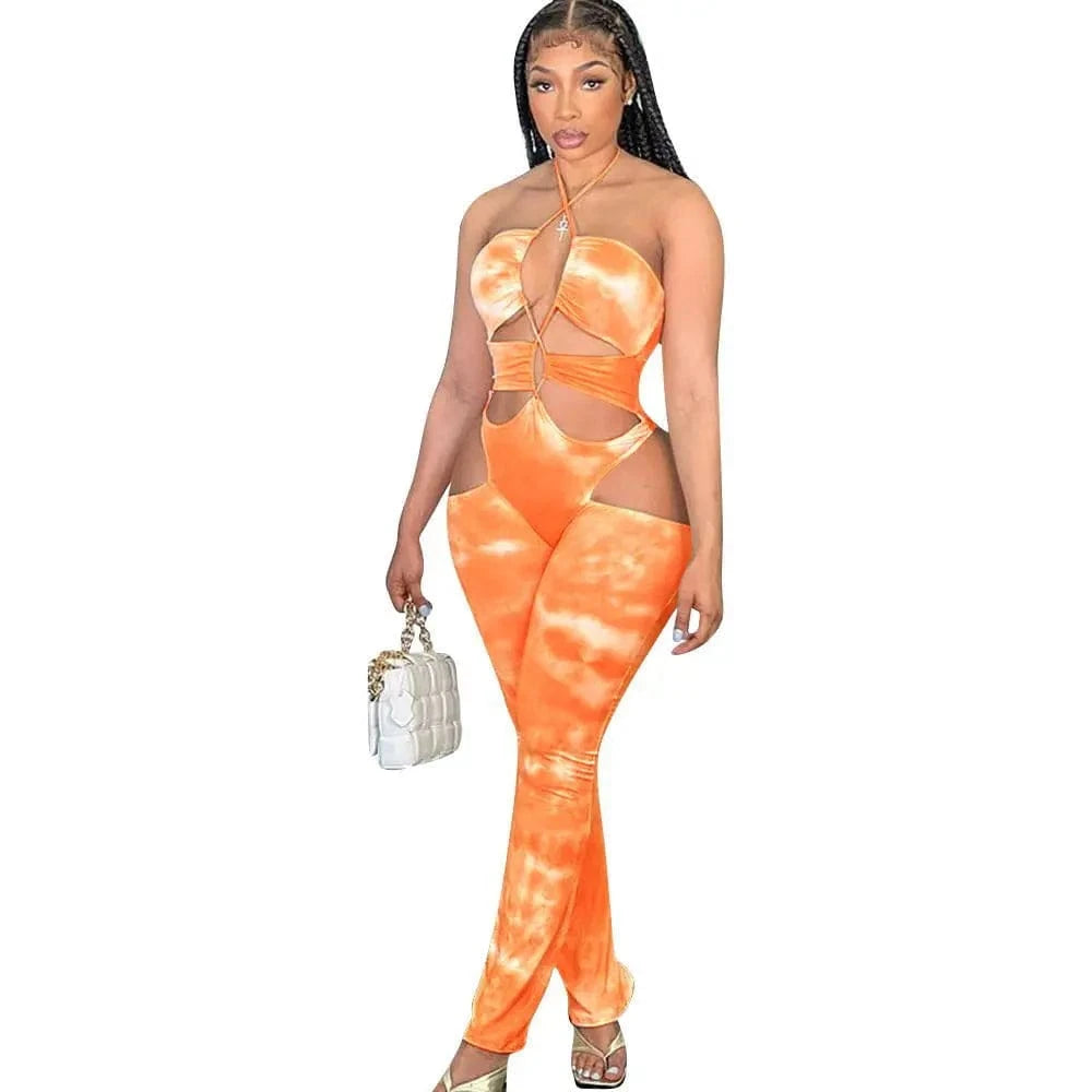 2 XL / Orange Women Lace Up Printed Sexy Playsuits Sleeveless Cut Out Summer Ladies Halter Tube Top Jumpsuit