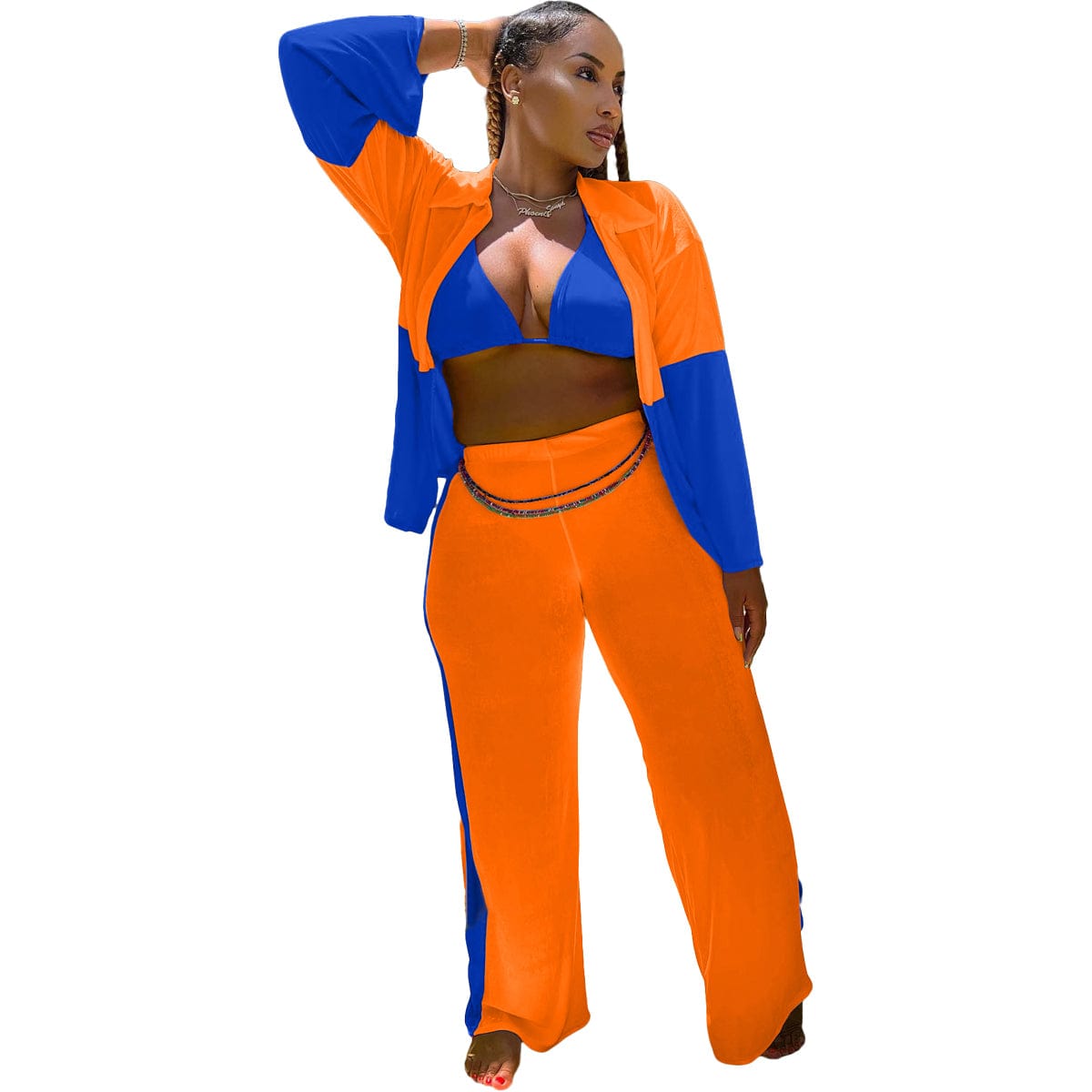 2 XL / Orange Women Top Fashion New Women Clothing Ins Style Fashion Stitching Sexy Three Piece Set