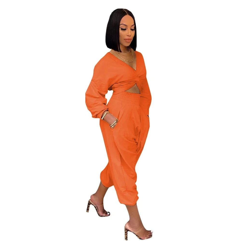 2 XL / Orange Women Winter Wear Wrap Crop Top Solid Two Piece Pants Set Fall 2pc Pants Set Plain Sweatshirt Suit Jogger Sweatsuit