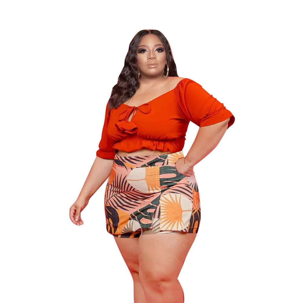 2 XL / Orange Z104999 Fashion short set women Off the Shoulder top Print shorts Two Pieces