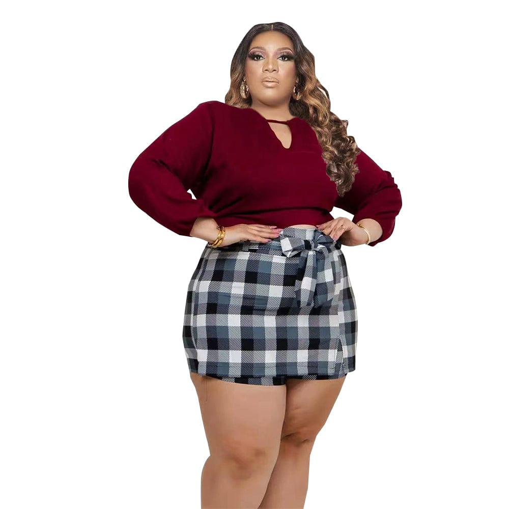 2 XL / P287232-1 Hot Selling Soft Fabric Plus Size Long Sleeve Top + Plaid Mini Culottes Two Piece Sets