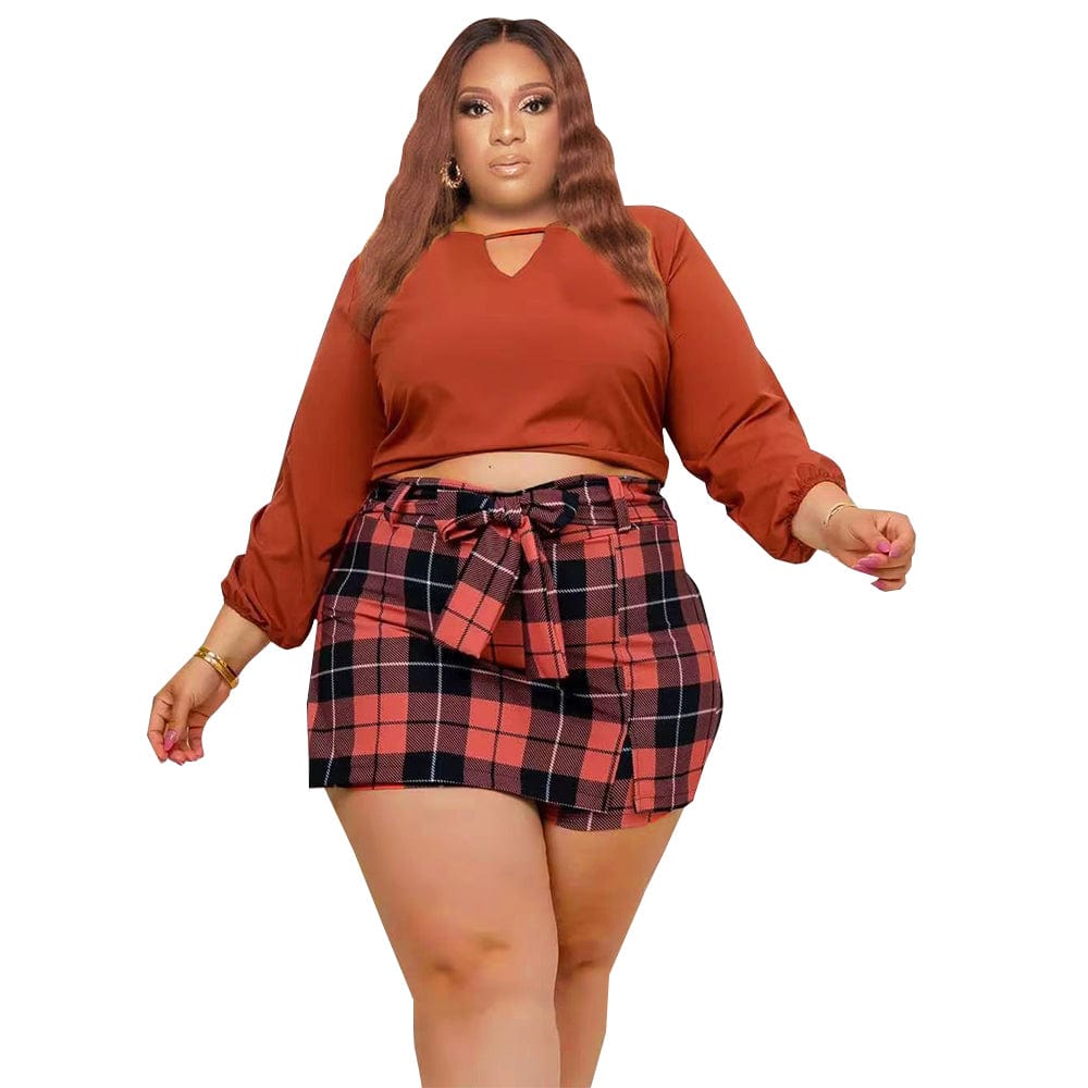 2 XL / P287232-3 Hot Selling Soft Fabric Plus Size Long Sleeve Top + Plaid Mini Culottes Two Piece Sets