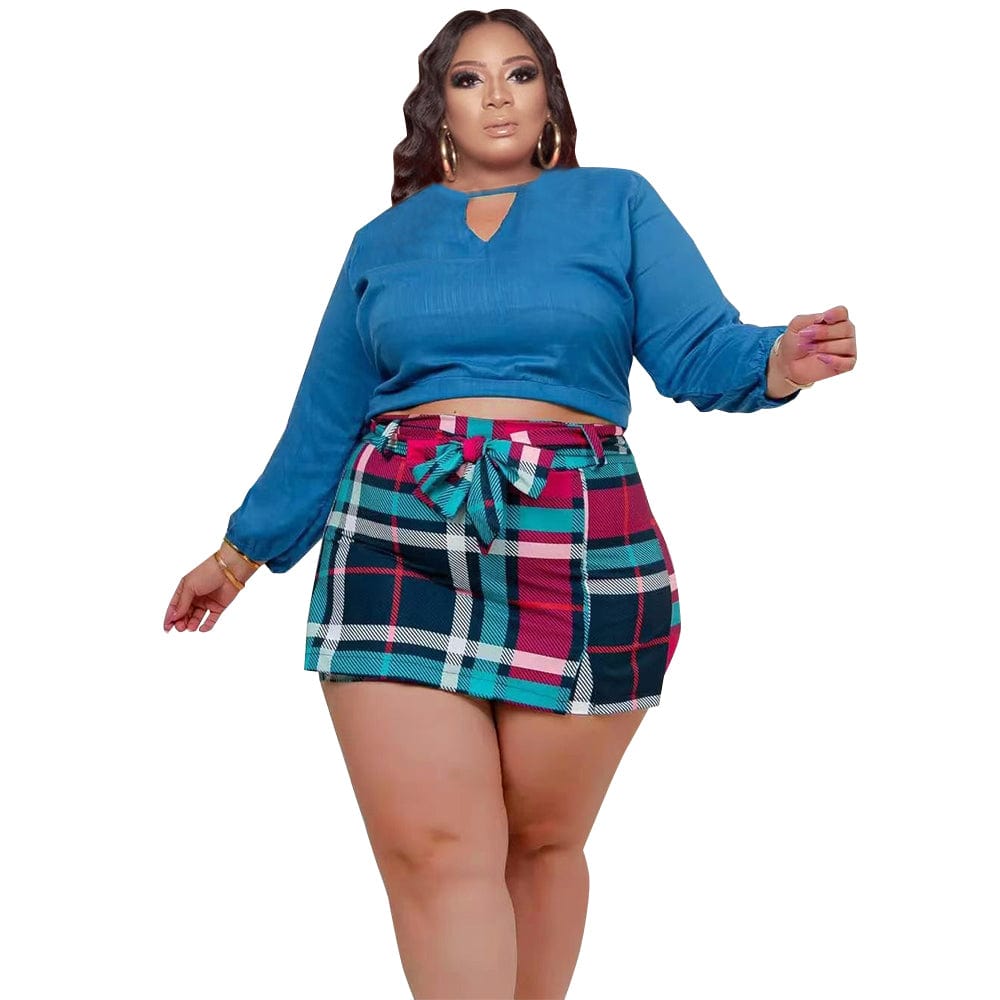 2 XL / P287232-4 Hot Selling Soft Fabric Plus Size Long Sleeve Top + Plaid Mini Culottes Two Piece Sets