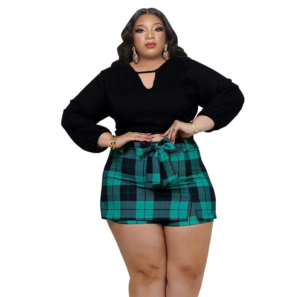 2 XL / P287232-6 Hot Selling Soft Fabric Plus Size Long Sleeve Top + Plaid Mini Culottes Two Piece Sets