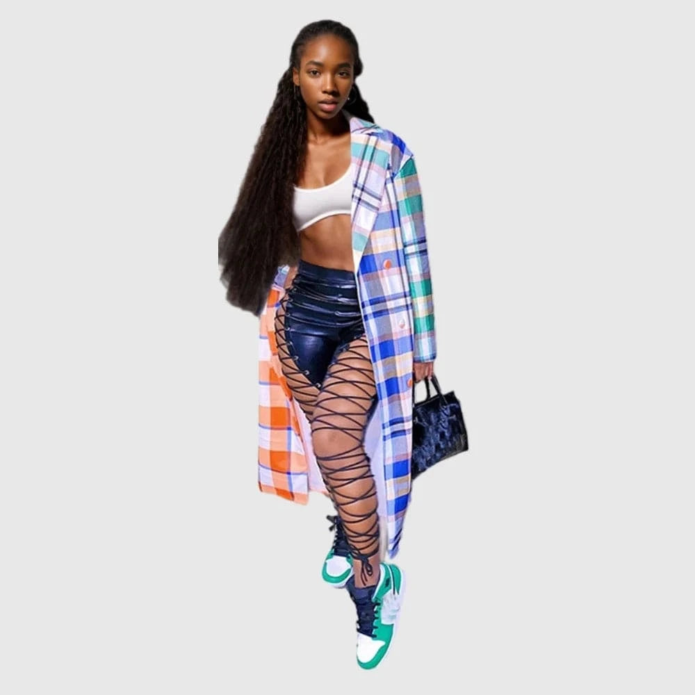 2 XL / pic1 21009-MX29 casual contrast colorful plaid suit long coat women sehe fashion