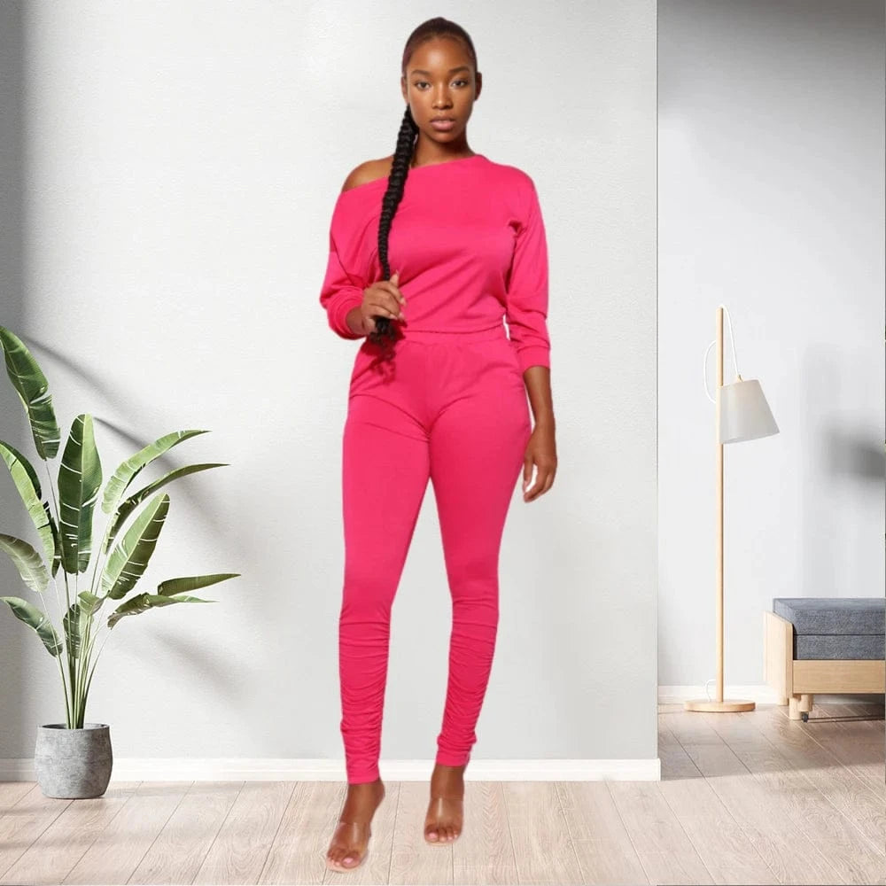 2 XL / pic2 20701-MX30 Long sleeve one shoulder two piece sets stacked jumpsuits women sehe fashion