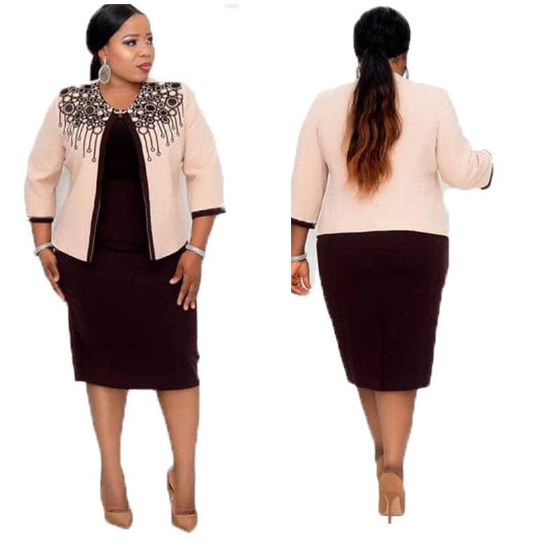 2 XL / pic2 20715-MX16 Printed Plus Size Modest Dress With Short Coats Office Wear Set