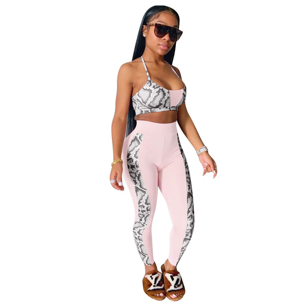 2 XL / Pink 2022 Summer Women Clothes Fashion Short Top Two Piece Set Sexy Print Crop Top High Waist Pant Exercise Outfit