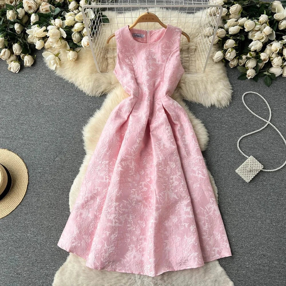 2 XL / Pink 2024 New Temperament Slim Waist Waist Color Sleeveless Vest Jacquard Dress