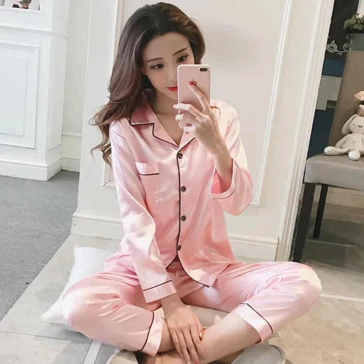 2 XL / Pink 2024 Spring And Autumn New Ladies Large Size Lapel Silk Fashion Pajamas Fat Ladies Ladies Home Wear