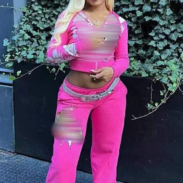 2 XL / Pink Digital Print Women Long Sleeve Zipper Hoodie Tops And Loose High Waist Pants Jogger Tracksuit Pink 2 Piece Set