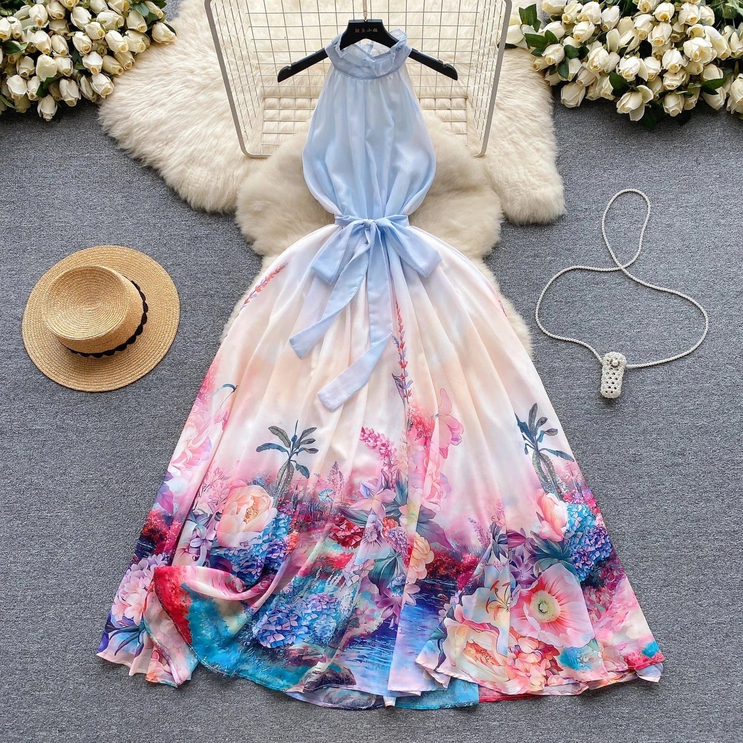 2 XL / Pink Fashion Beach Hanging Neck Women Slim Sleeveless Printed Tank Dresses Vacation Dresses