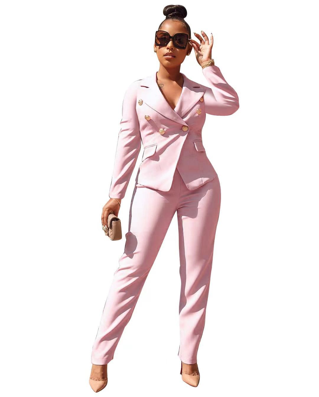 2 XL / Pink ladies sets new suit for the office lapel double breasted women jacket straight leg trouser set two piece women's clothing