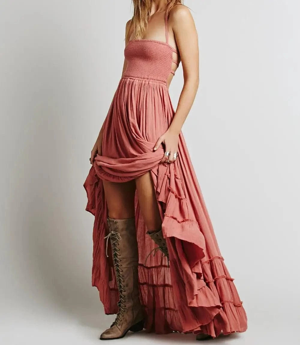 2 XL / Pink New Boho Summer Crinkly Strapless Maxi Dress Halter Tie Beach Dresses Linen Seam Hem Vestidos Low Strappy Back EA8118