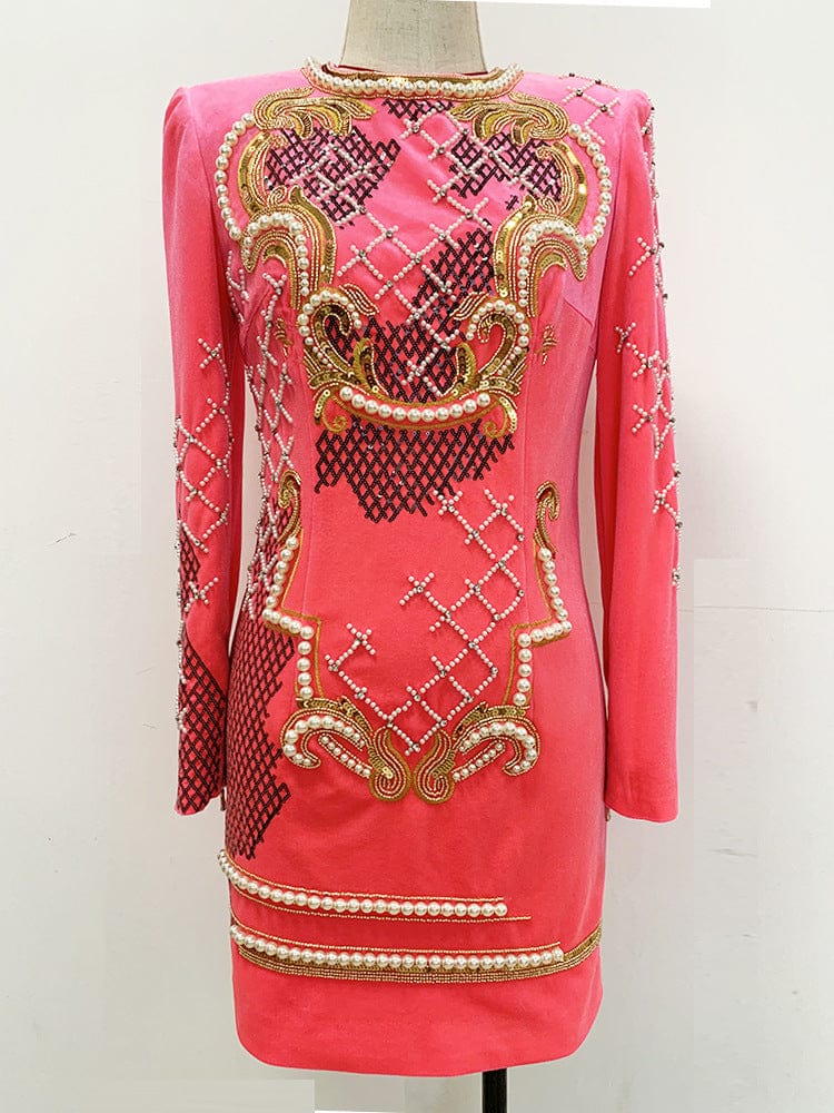 2 XL / Pink OUDINA Fashion Embroidery Beading Dress For Ladies Long Sleeve Sequin Elegant Dresses Women