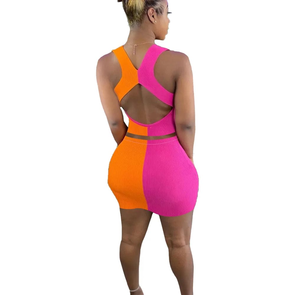 2 XL / Pink Patchwork Skirt 2 Piece Women Matching Back Cut Out Mini Set Dress Tank Top Skirt Set Women Clothing Summer Knit Top Skirt Set