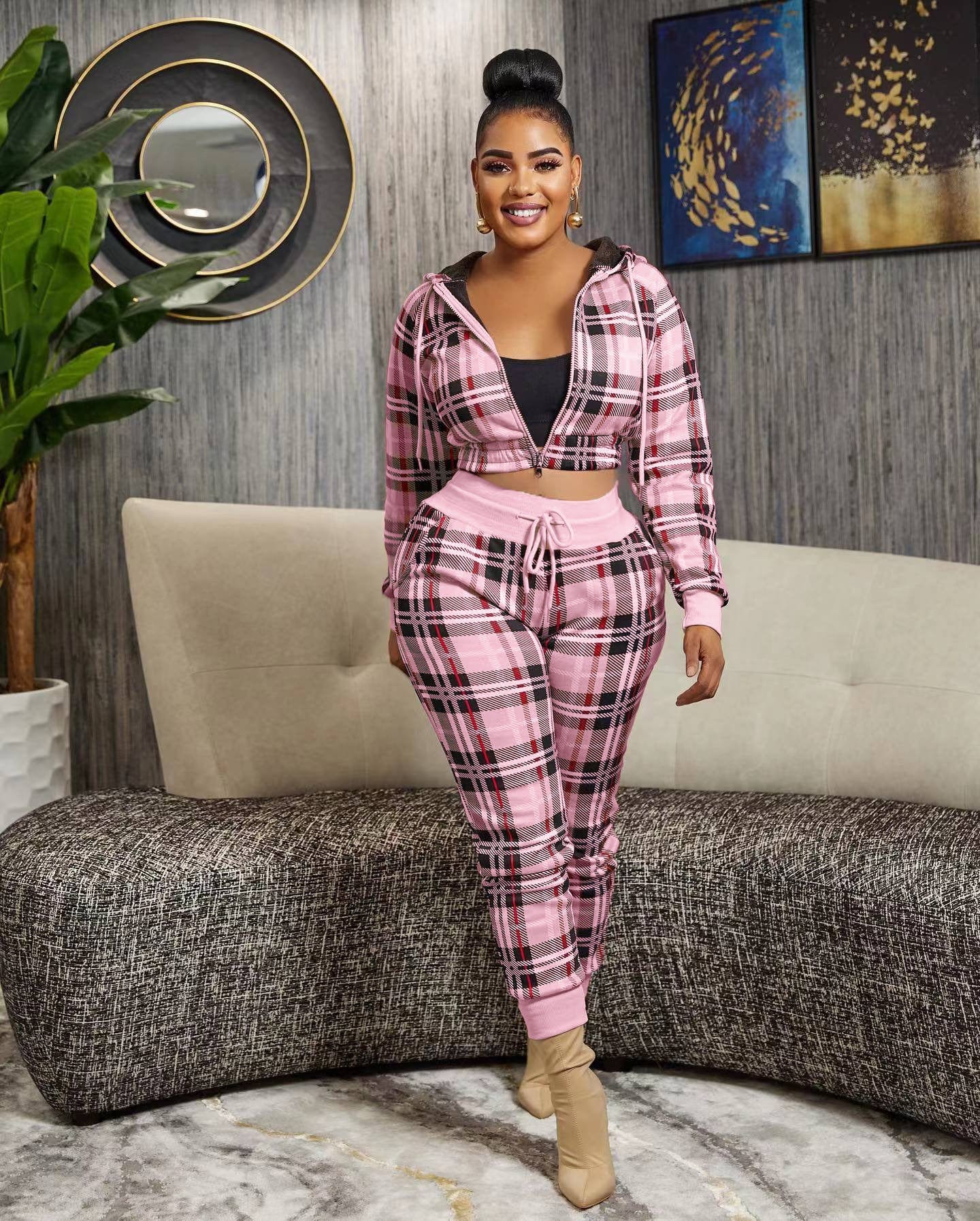 2 XL / Pink Sharee 2023 Popular Brand Clothes Us Size Two Piece Plaid Hoodie Jacket Pants Sets Sweatsuit Sets Women