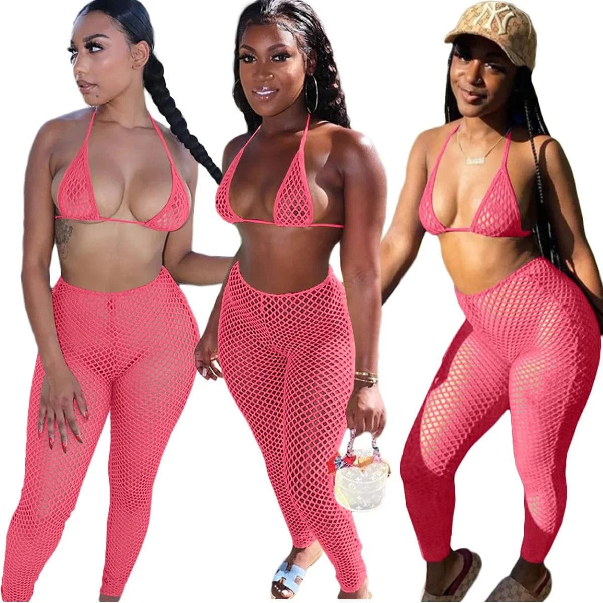 2 XL / Pink Summer Swimwear & Beachwear Mesh Sexy Beach Wear Ladies Bra Panties pants 3 Piece Set Women Bikinis Outfit With Briefs