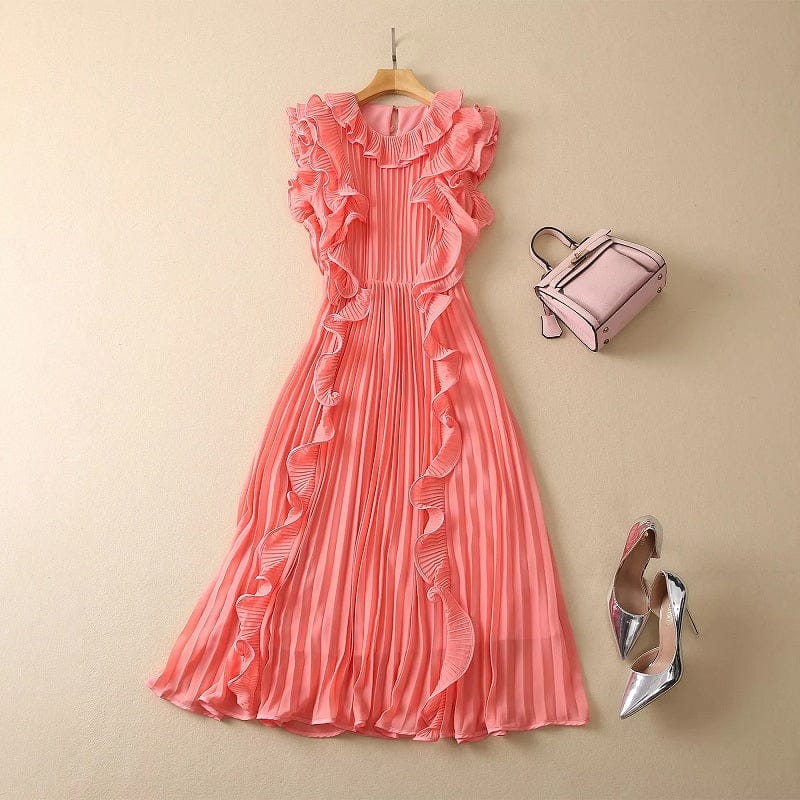 2 XL / Pink Tops Fashion Designer Dress 2023 Spring Summer Party Event Women Ruffle Flower Deco Sleeveless Mid-Calf Pleated Dress Pink Red