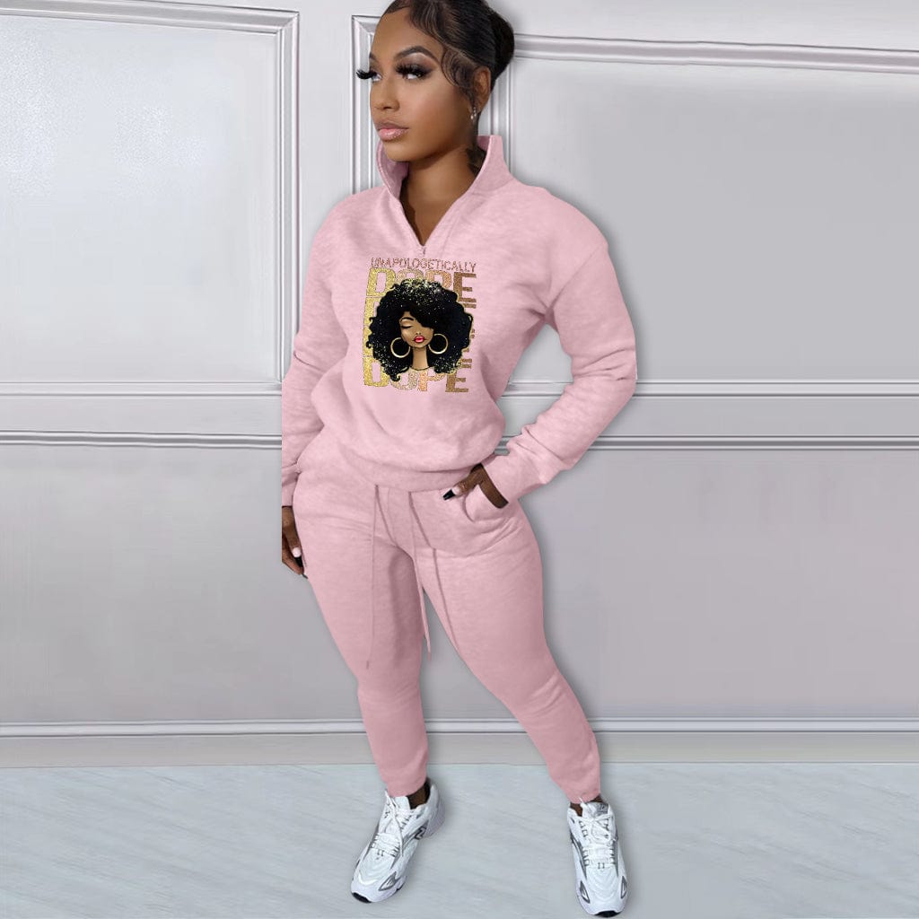 2 XL / Pink Trendy Women Clothes Autumn/Winter Printed Pattern Fleece Pullover Zipper High Neck Casual Sports 2 Pieces