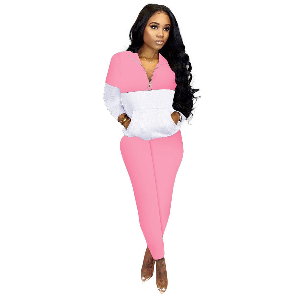 2 XL / Pink Trendy Women Clothes Two Piece Outfits Zip Up Tops Pocket Body con Long Pants Color Block Pant Set