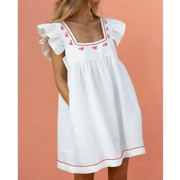 2 XL / Pure white printing S-XXL Summer New Dress Fragmented print color blocking square neck ruffle edge sleeve solid color large hem dress