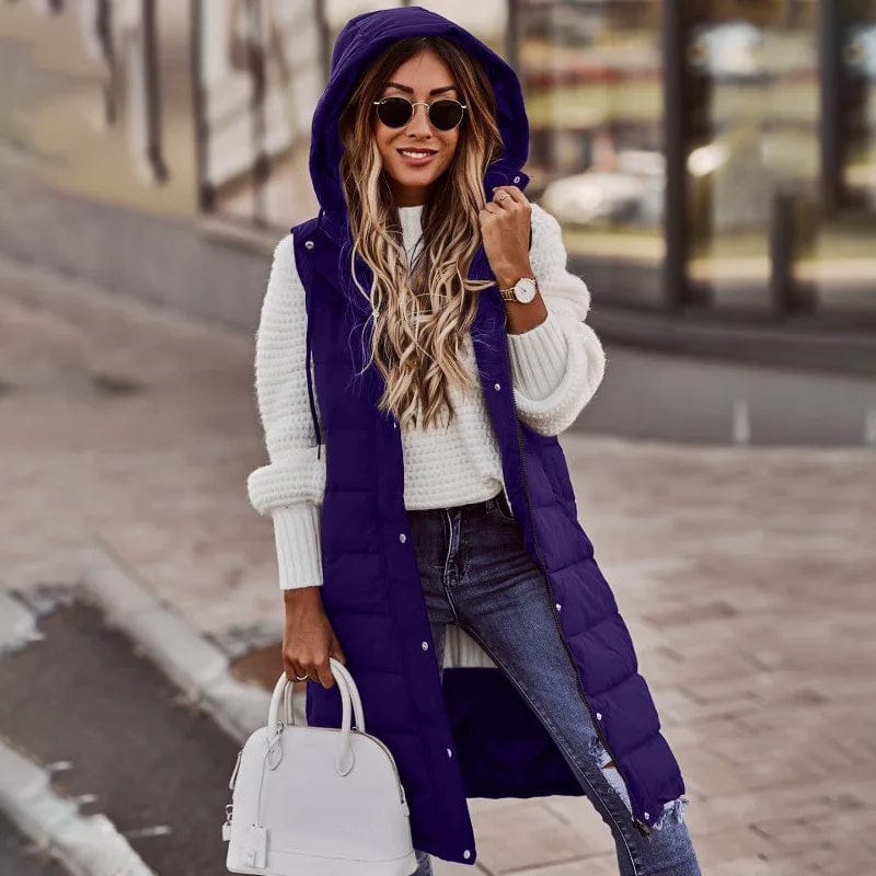2 XL / Purple Fashion Sleeveless Cotton Hooded Jackets Vest Women Long Winter Vests  Solid Color Zipper Warm Streetwear Waistcoat Women