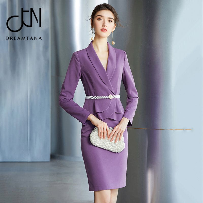 2 XL / Purple New Arrival Purple Suit V Neck Simple Design women business dress spring suits set outfits for women