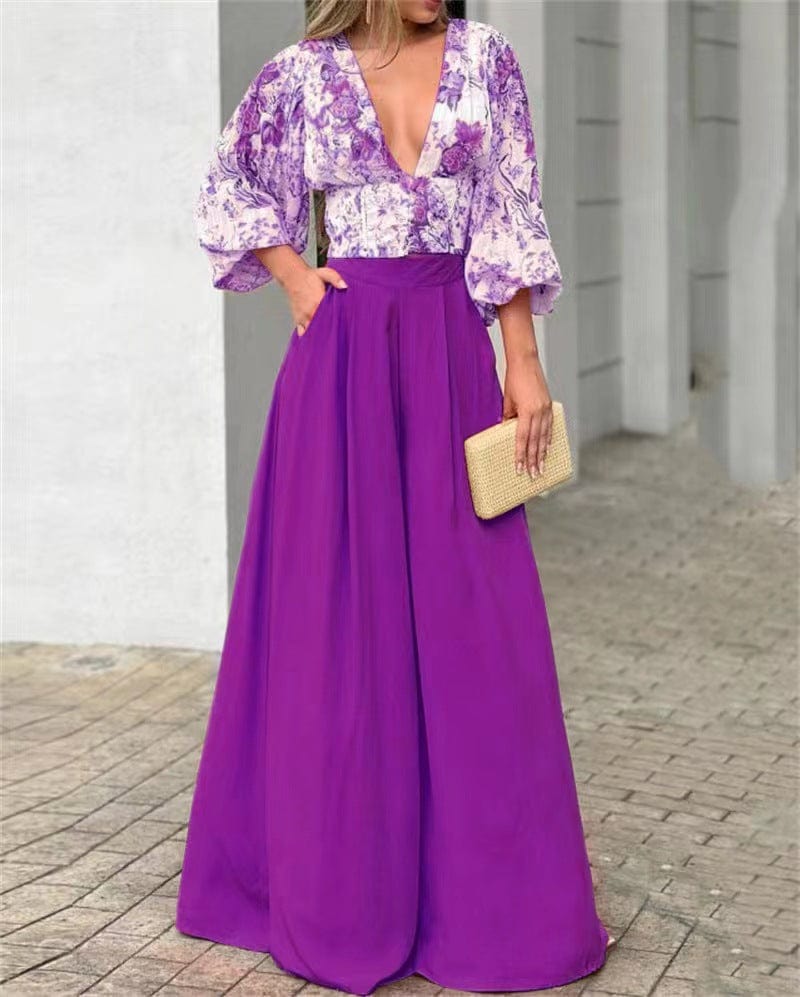 2 XL / Purple spring fall womens clothes women casual Temperament commuter long sleeve loose print crop top wide leg pants two piece lady sets