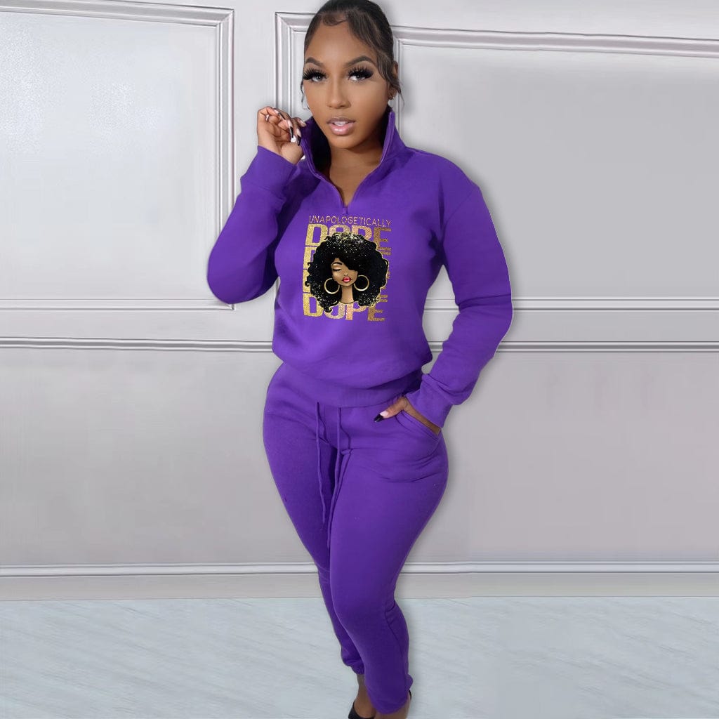 2 XL / Purple Trendy Women Clothes Autumn/Winter Printed Pattern Fleece Pullover Zipper High Neck Casual Sports 2 Pieces