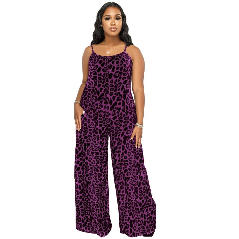 2 XL / Purple Wholesale Plus Size Strap Cheetah Print Womens Jumpsuit Leopard Print Wide Leg Jumpsuit Leopard Oversized Jumpsuits For Women
