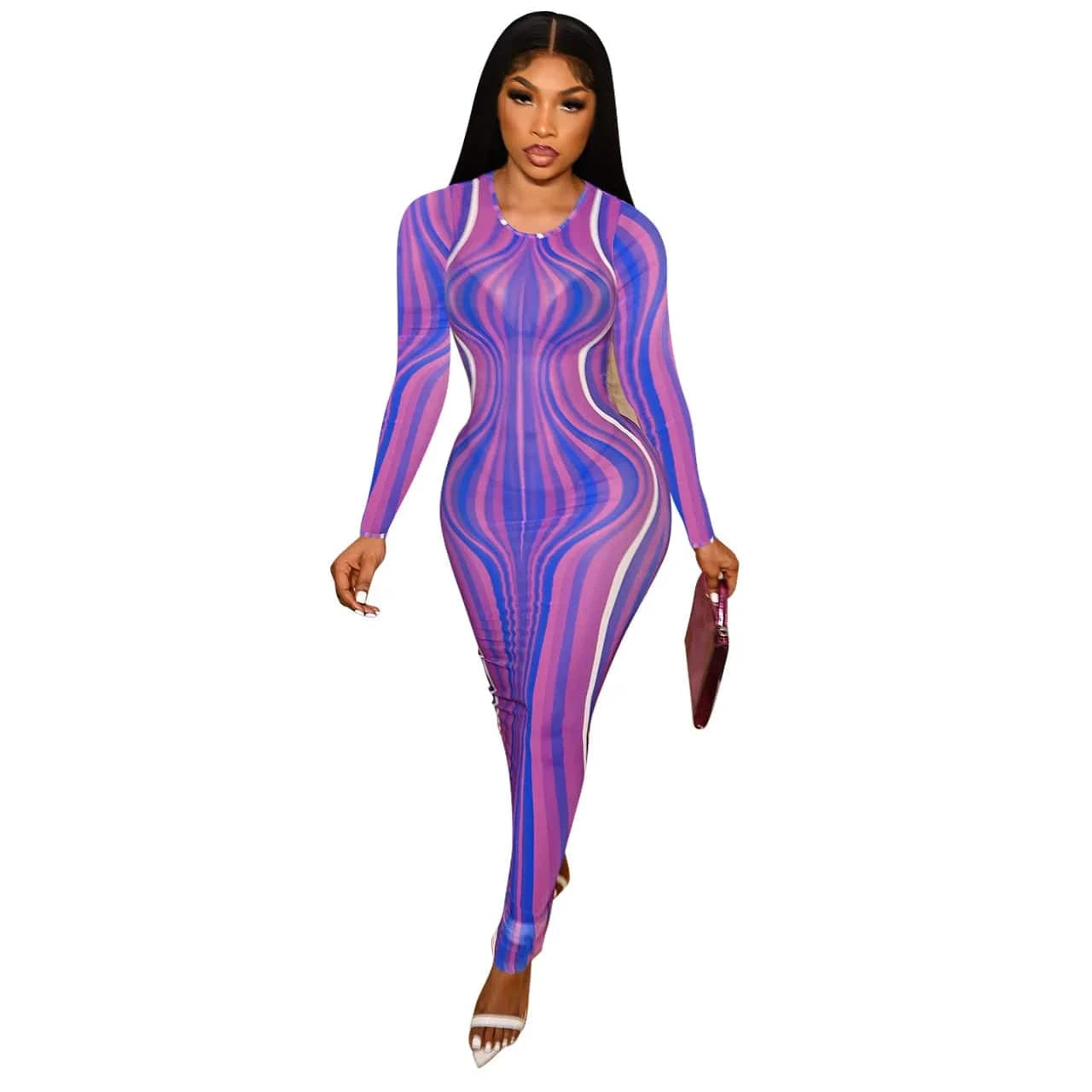 2 XL / Purple Wholesale Printed Women Dress Maxi Clothes Sheer Dress Long Sleeves Bodycon Stretch Mesh Dress Sexy Transparent