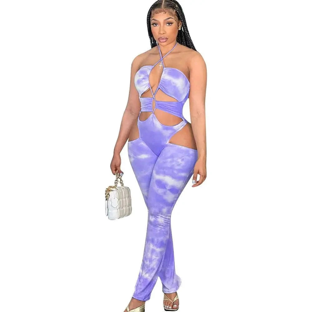 2 XL / Purple Women Lace Up Printed Sexy Playsuits Sleeveless Cut Out Summer Ladies Halter Tube Top Jumpsuit