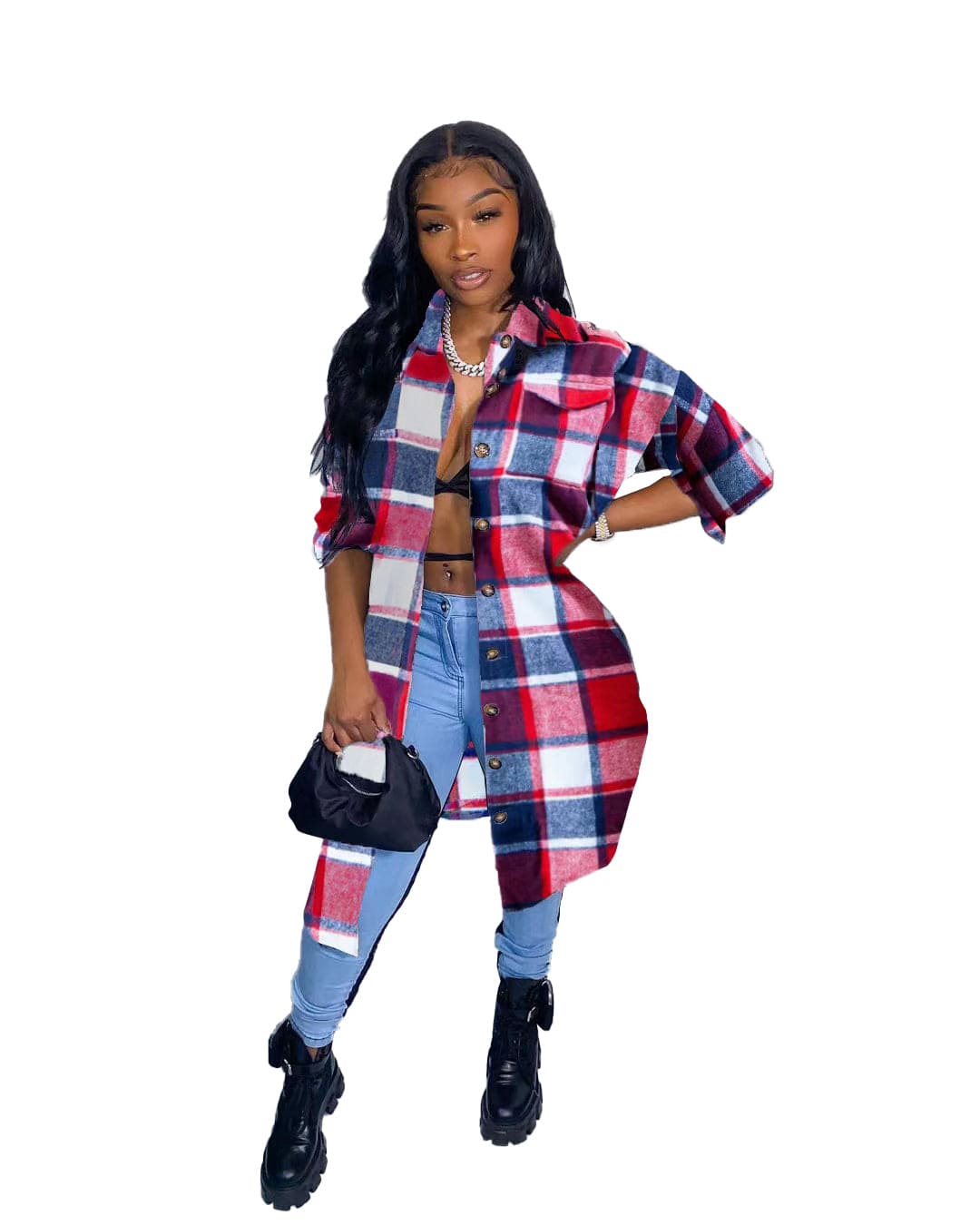 2 XL / Red 2023 Spring Fashion Young Office Lady Shaggy Plaid Pocket Drop Shoulder Long Outwears