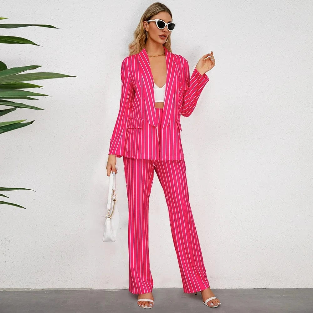 2 XL / Red 2024 Autumn and Winter New Fashion Casual Simple Fashion Striped Suit Jacket and Straight Leg Pant Suit
