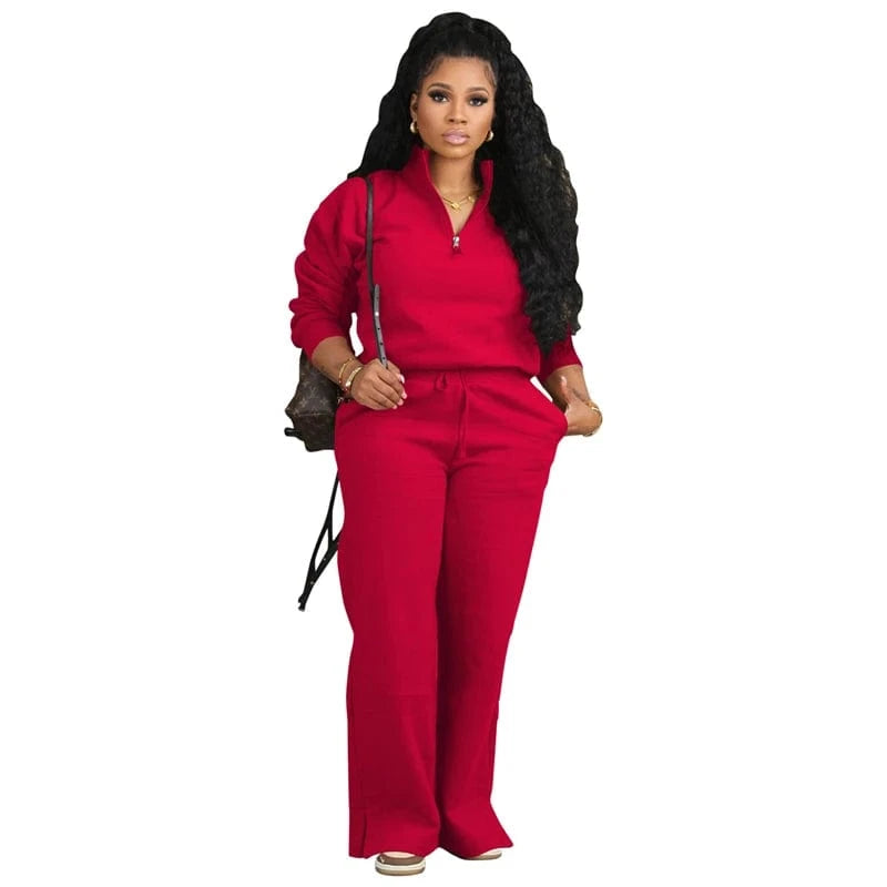 2 XL / Red 2024 new arrivals luxury women casual black half zip sweatshirt and jogger sweatpants sport 2 piece set clothes with sweatpants