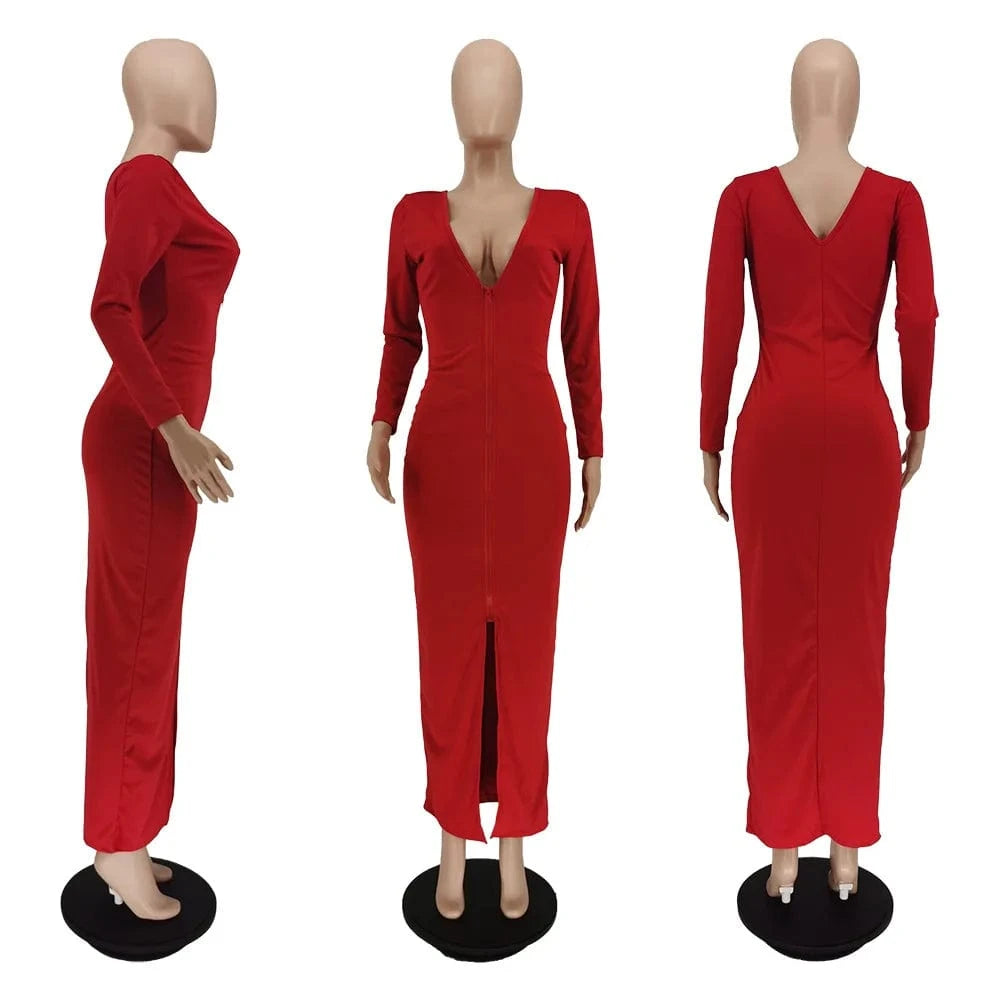 2 XL / Red 2024 New Arrivals Solid Deep V Neck Bodycon Dress Zip Up Long Sleeve Dress Sexy Split Long Dress For Women