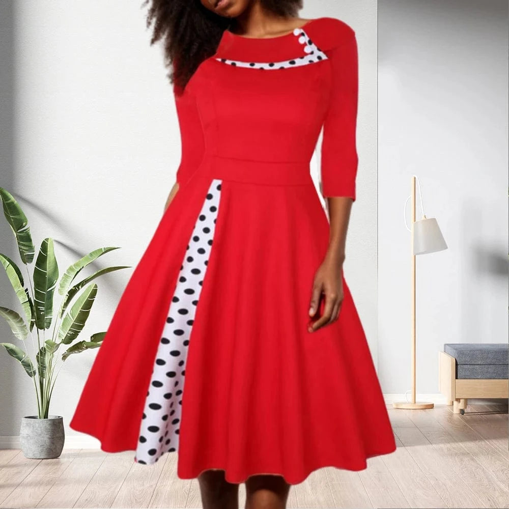 2 XL / Red 80322-MX23 Vintage Dot Print O Neck Flare Large Hemline Women Dresses Sehe Fashion