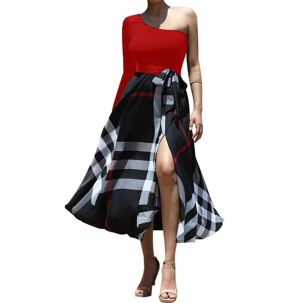 2 XL / Red D0906TA24 Direct Sales Modest Print Asymmetric Collar Single Long Sleeve Casual Maxi Ladies Dresses Sehe Fashion